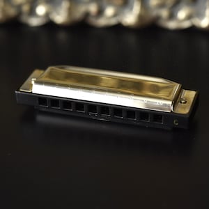Pode incluir: Uma gaita com capa prateada e corpo preto repousa sobre uma superfície escura. O instrumento musical tem formato retangular com múltiplos orifícios para produzir som. O fundo está desfocado.