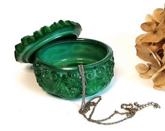 Malachite Glass Jewelry Box Made in Czechoslovakia