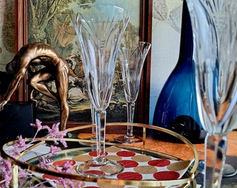 Antique Art deco champagne set of 5 crystal cut glasses Bohemia flute type