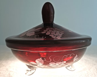 Egermann Glass Candy Dose Handmade Cut Floral Detail 1950s