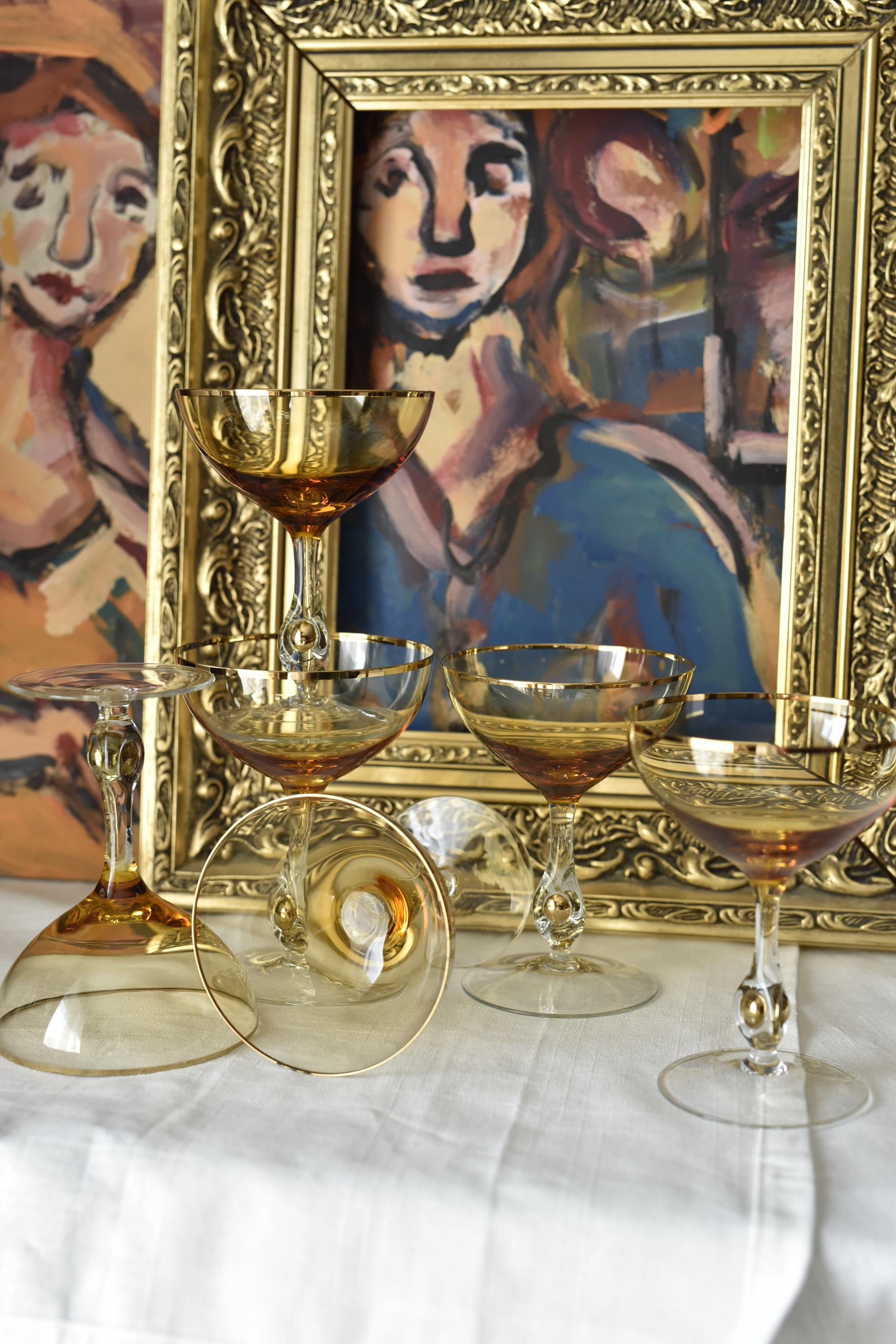 Coupe Champagne Amber Color Glasses Set of 6pcs Jozef Stanik Art