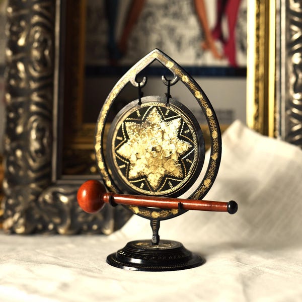 Vintage Miniature Gong – Brass and Wood Table Gong, Oriental Decor, Mid Century Japan 1960s