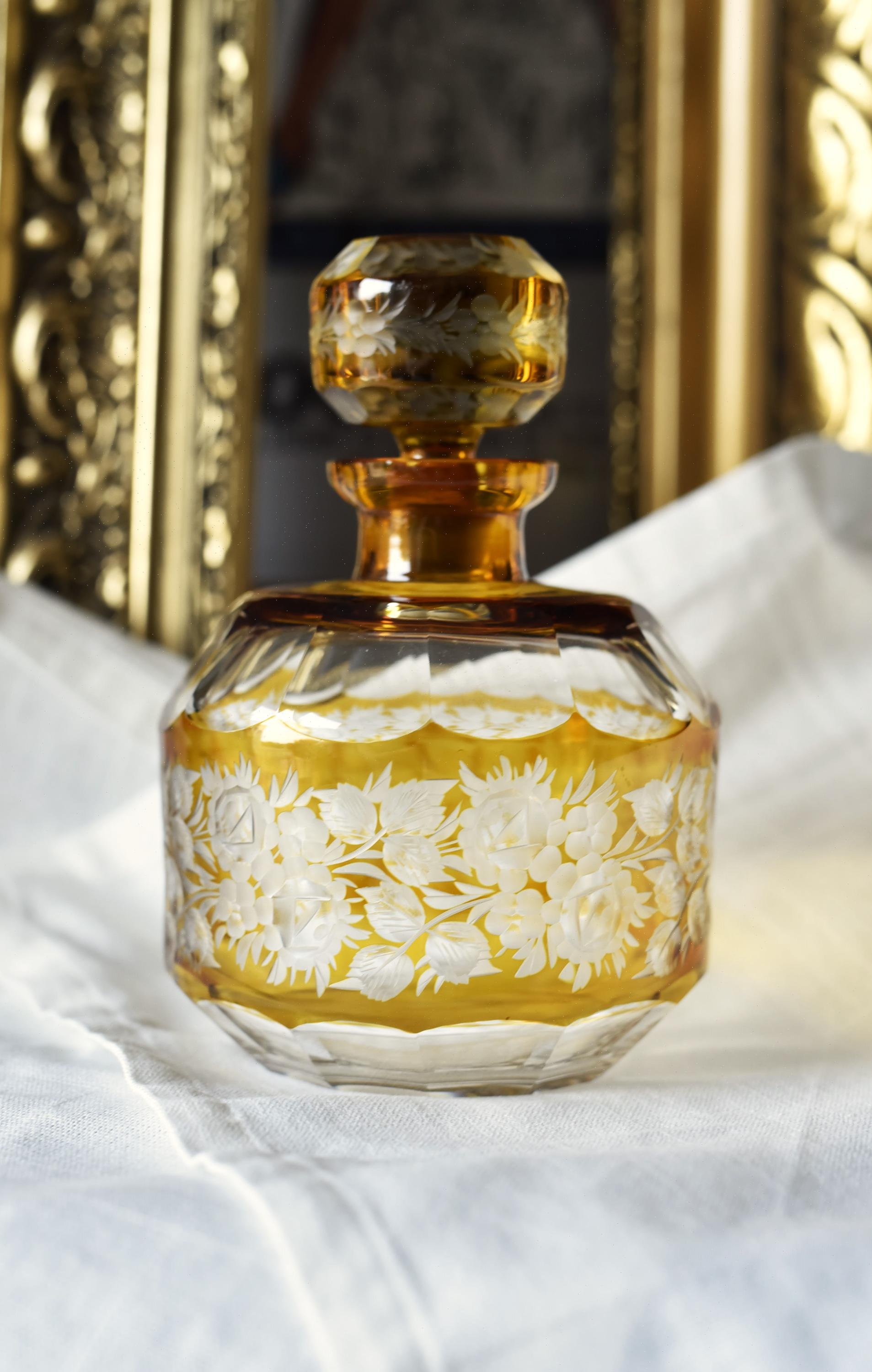 Vintage Amber Cut to Clear Crystal Decanter: Hand-engraved