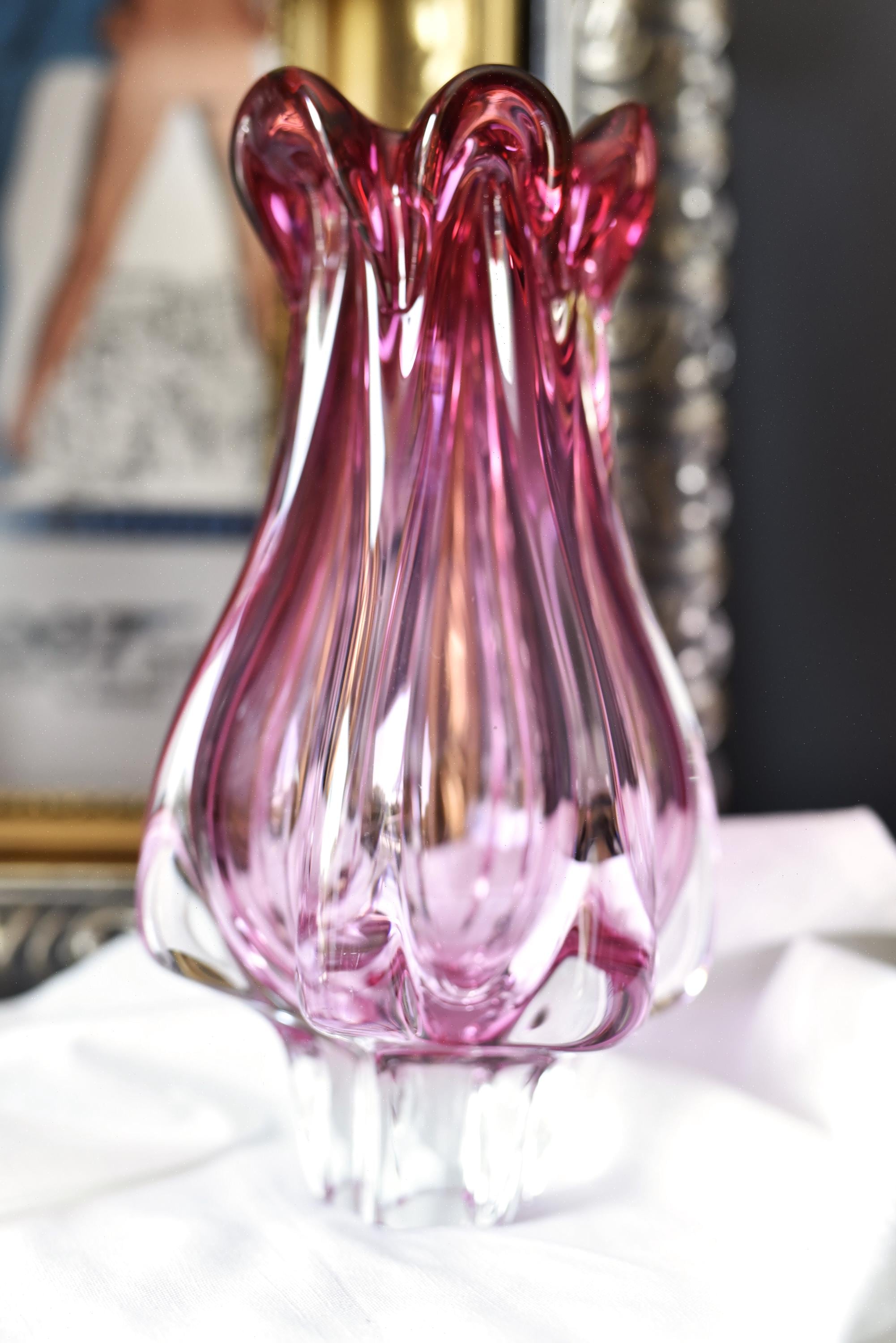 Vintage Pink Murano Style Art Glass Vase: Josef Hospodka, 1950s