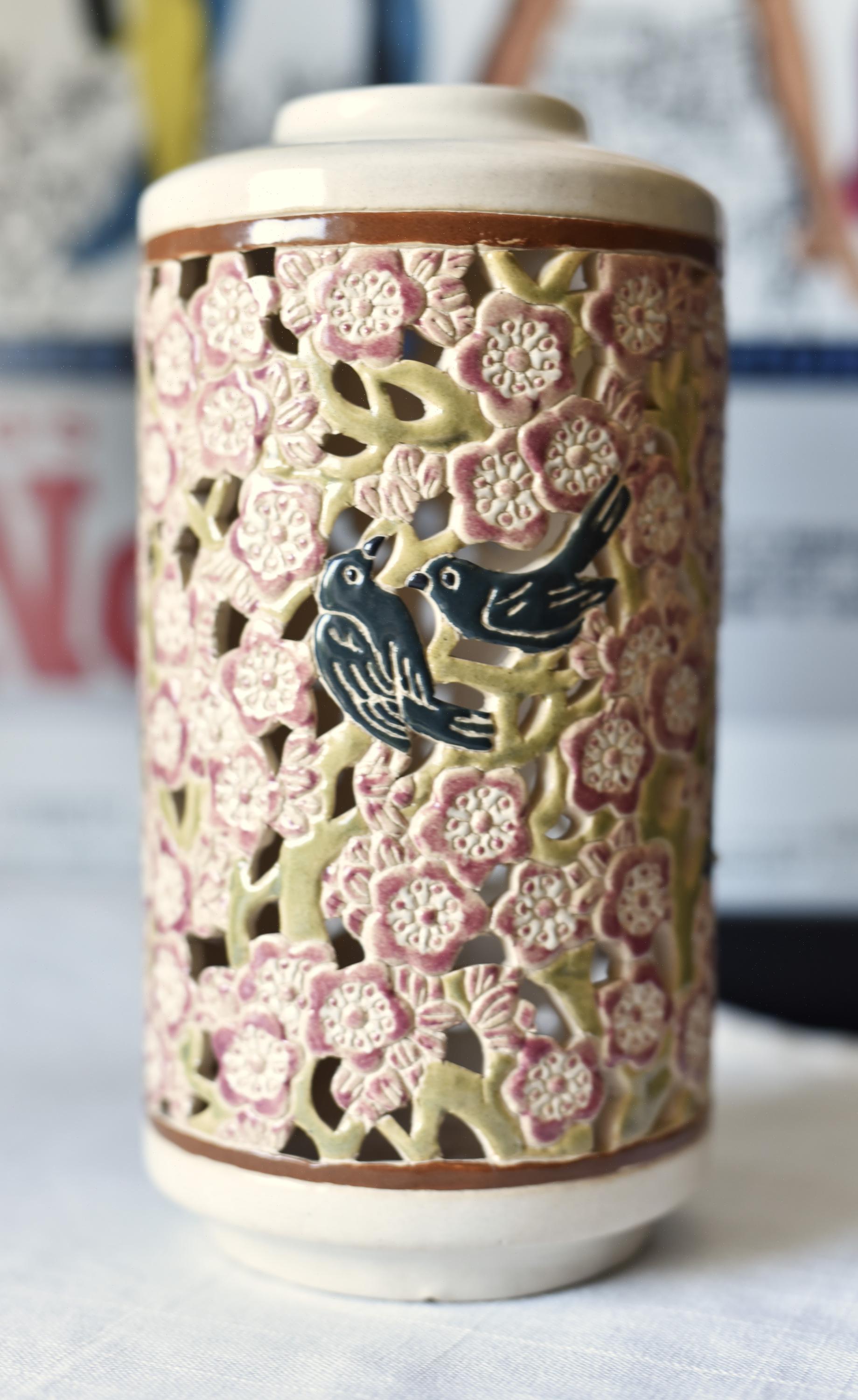 Vintage Ceramic Lantern With Birds and Flowers, 1970s Poland