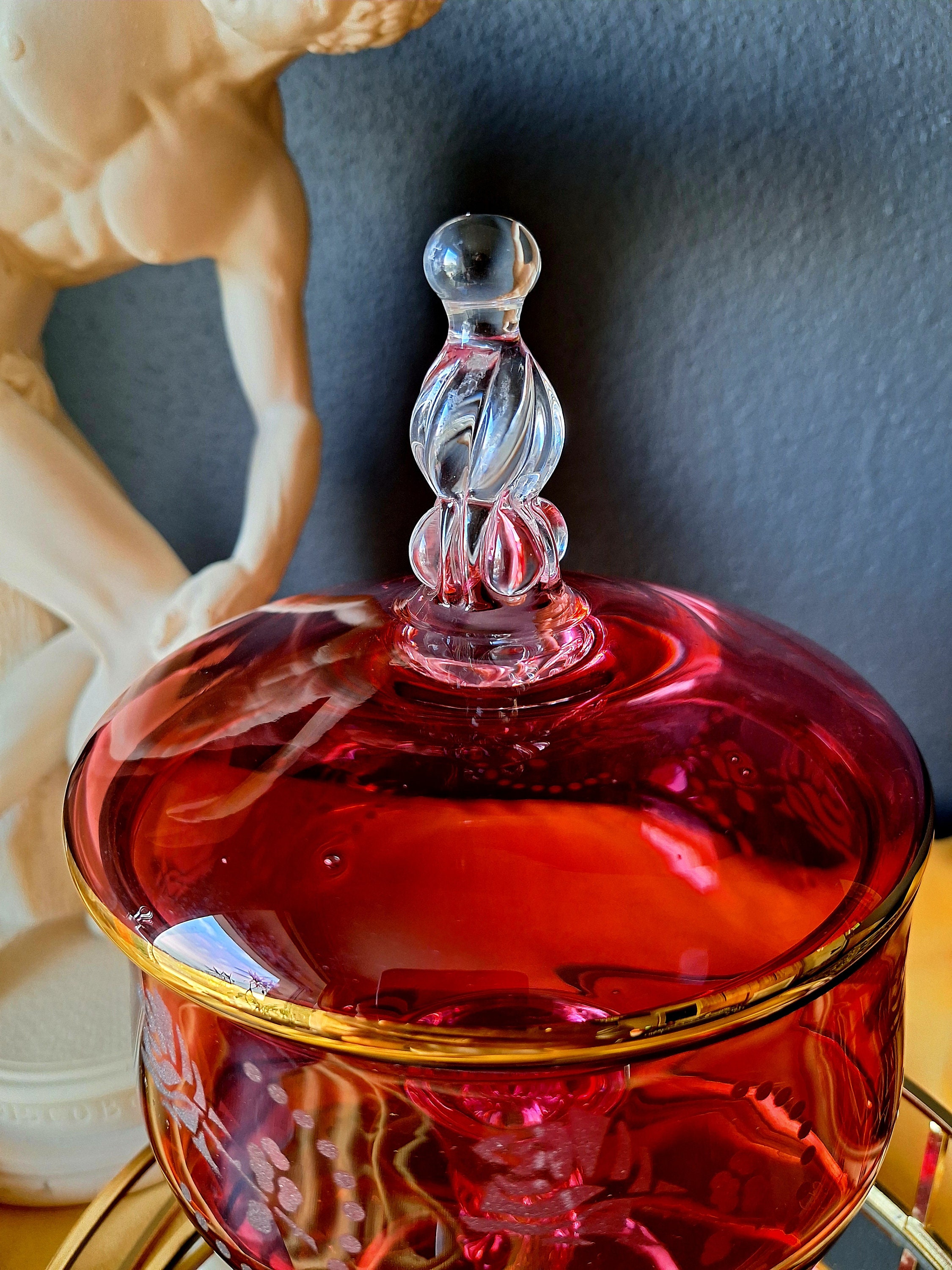 Ancienne Bonbonnière En Verre Vintage, Motifs Fruits Et Fleurs, Superbe état