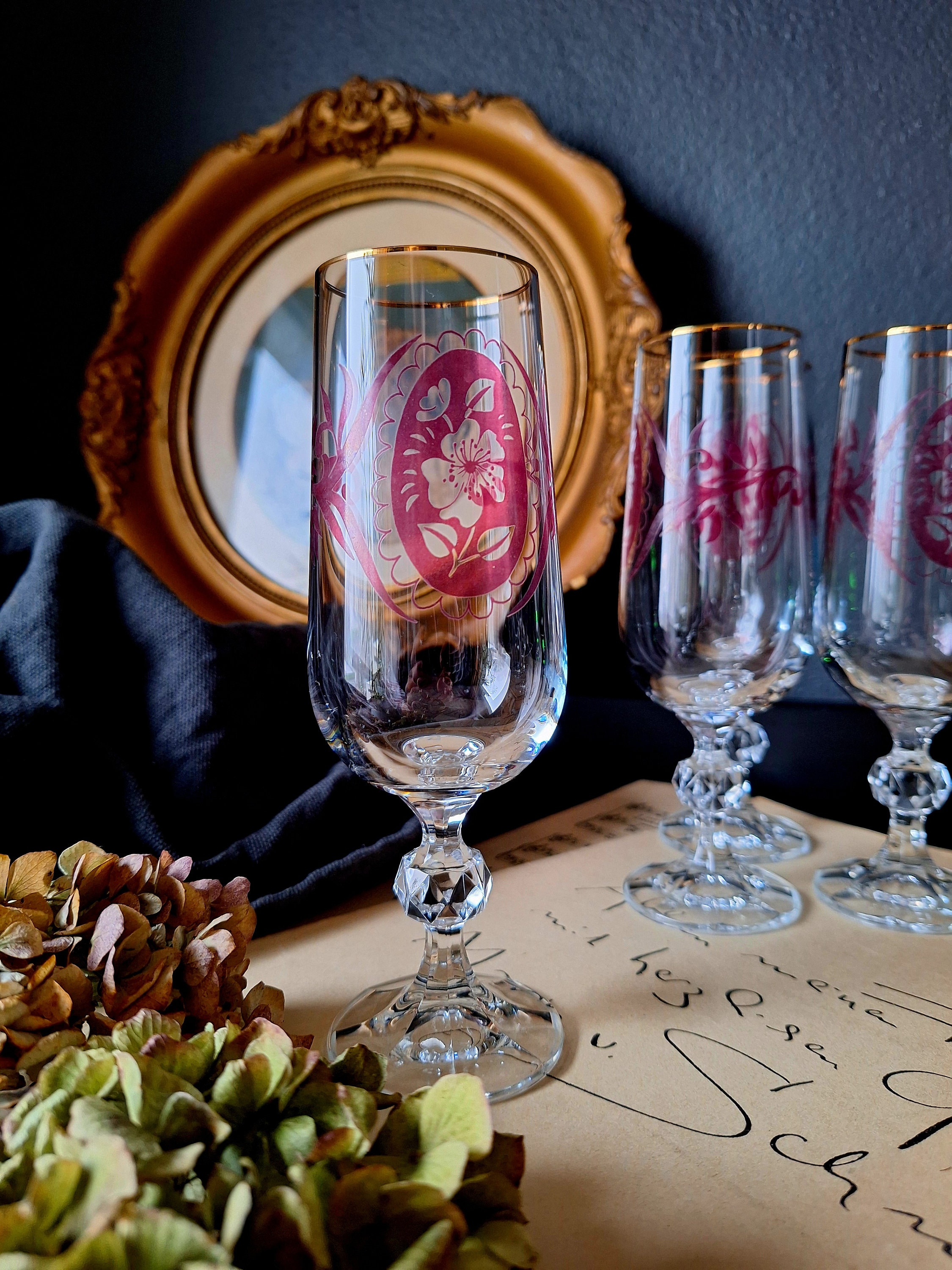 ヴィンテージハンドカットガラスボヘミアンクリスタル 1970年 ボヘミアクリスタル ワイングラス 2脚 チェコ製 ハンドカット