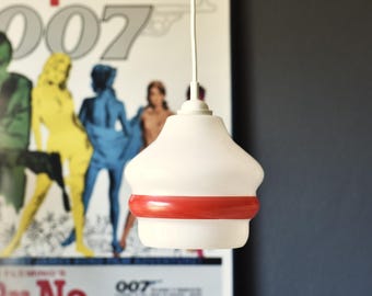 Vintage Opal Glass Pendant Lamp with Red Stripe / 1970s Modern Pendant Light