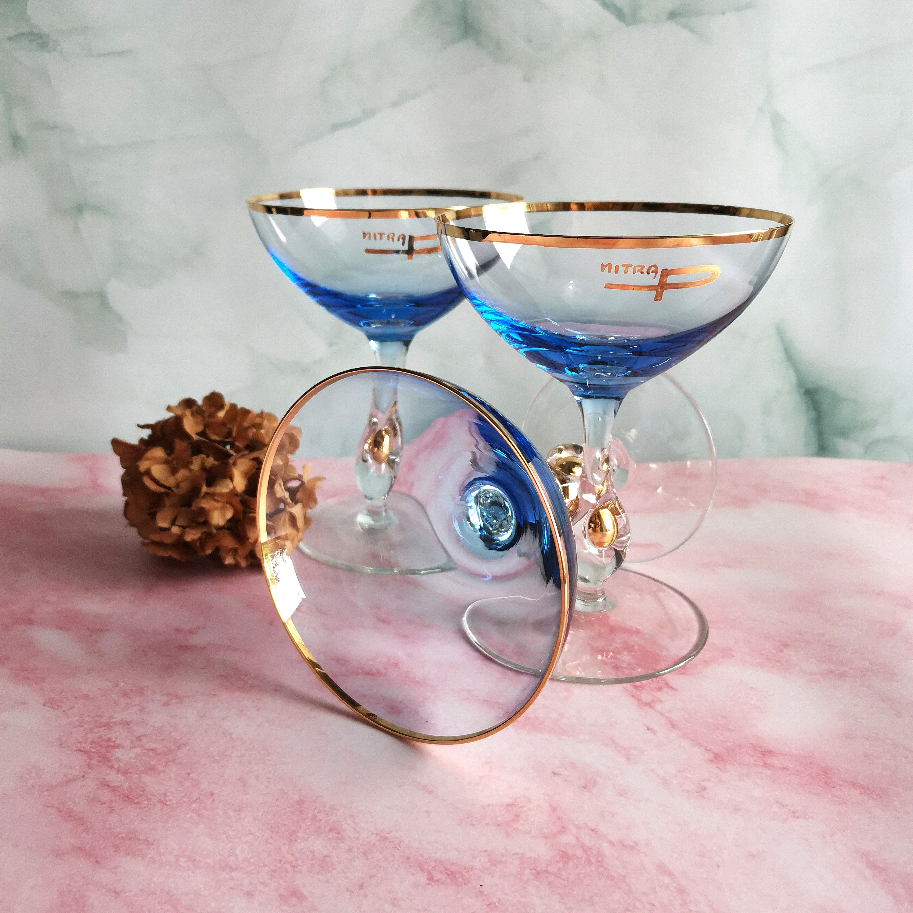 Coupe Champagne Glasses Set of 3pcs Jozef Stanik Art Deco Zlata