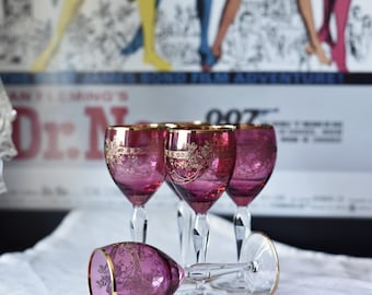 ゴールド装飾の紫ガラス製ワイングラス5個セット 1970年代ヴィンテージ