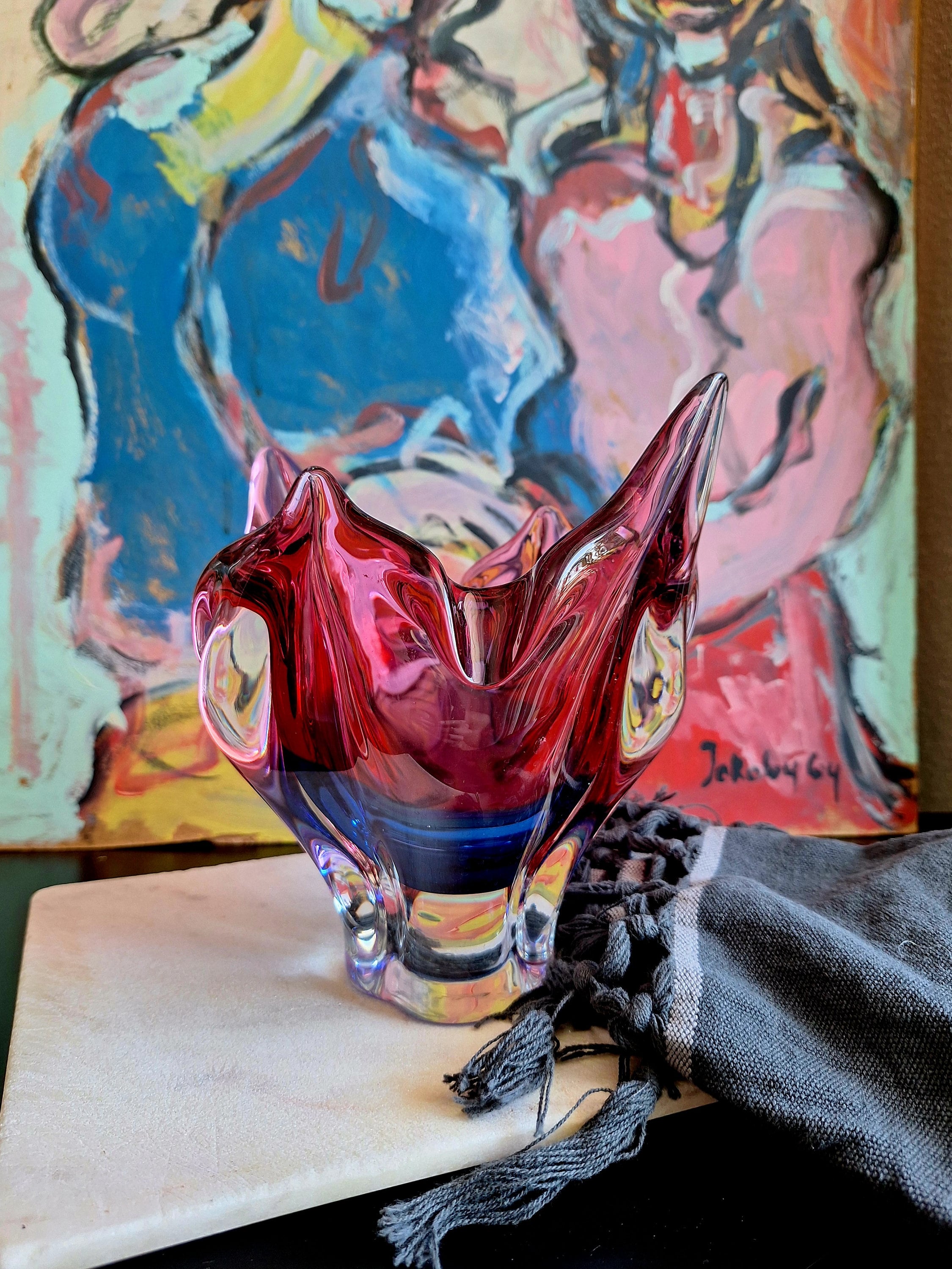Bohemian Pink & Blue Glass Vase by Josef Hospodka – Chribska Art
