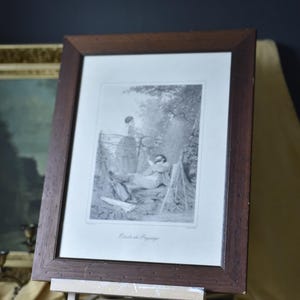 Studio di paesaggio su incisione antica in acciaio di Edmond-Adolphe Rudaux, acquaforte, vecchia stampa del XIX secolo
