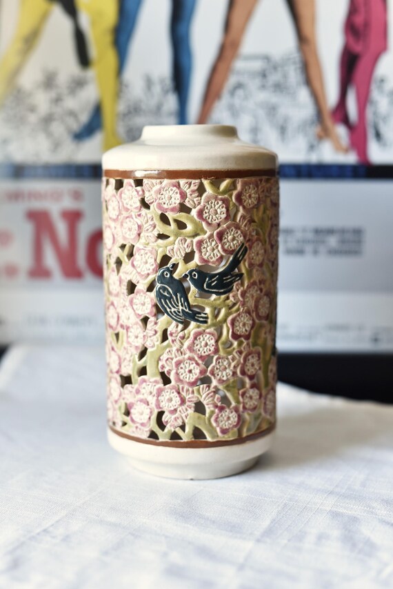 Vintage Ceramic Lantern With Birds and Flowers, 1970s Poland