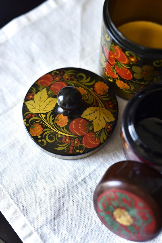 Hand-painted Khokhloma Wooden Jars | Russian Folk Art Decor - Etsy