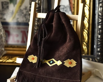 Vintage Suede Drawstring Pouch Bag Boho Forest Green 