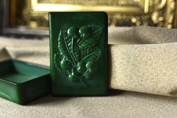 Rectangular Malachite Glass Box Cherry Art Deco M… - image 3