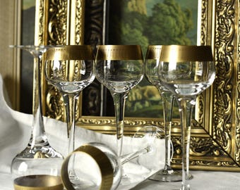 Moser Style Mid Century Lednicke Rovne Gold Crystal Liqueur Glasses Set om 6