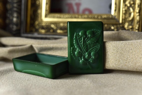 Rectangular Malachite Glass Box Cherry Art Deco M… - image 2