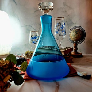 Blue Crystal Decanter • Luxury Bohemian Glass Carafe • Vintage Czech Barware • Brandy or Whisky Liquor Bottle