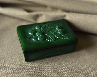 Rectangular Malachite Glass Box Cherry Art Deco Motif