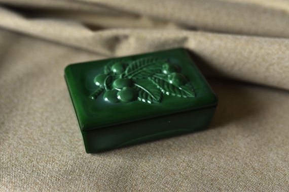 Rectangular Malachite Glass Box Cherry Art Deco M… - image 1
