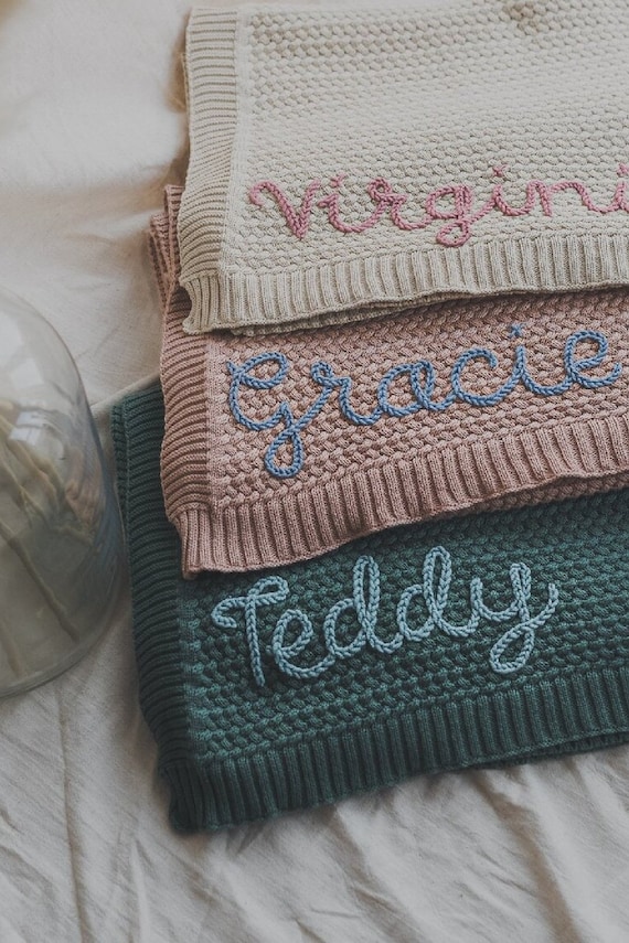 Hand Embroidered Baby Blankets. 100 Organic Cotton. Personalised With Babies Name or Date of Birth. Etsy