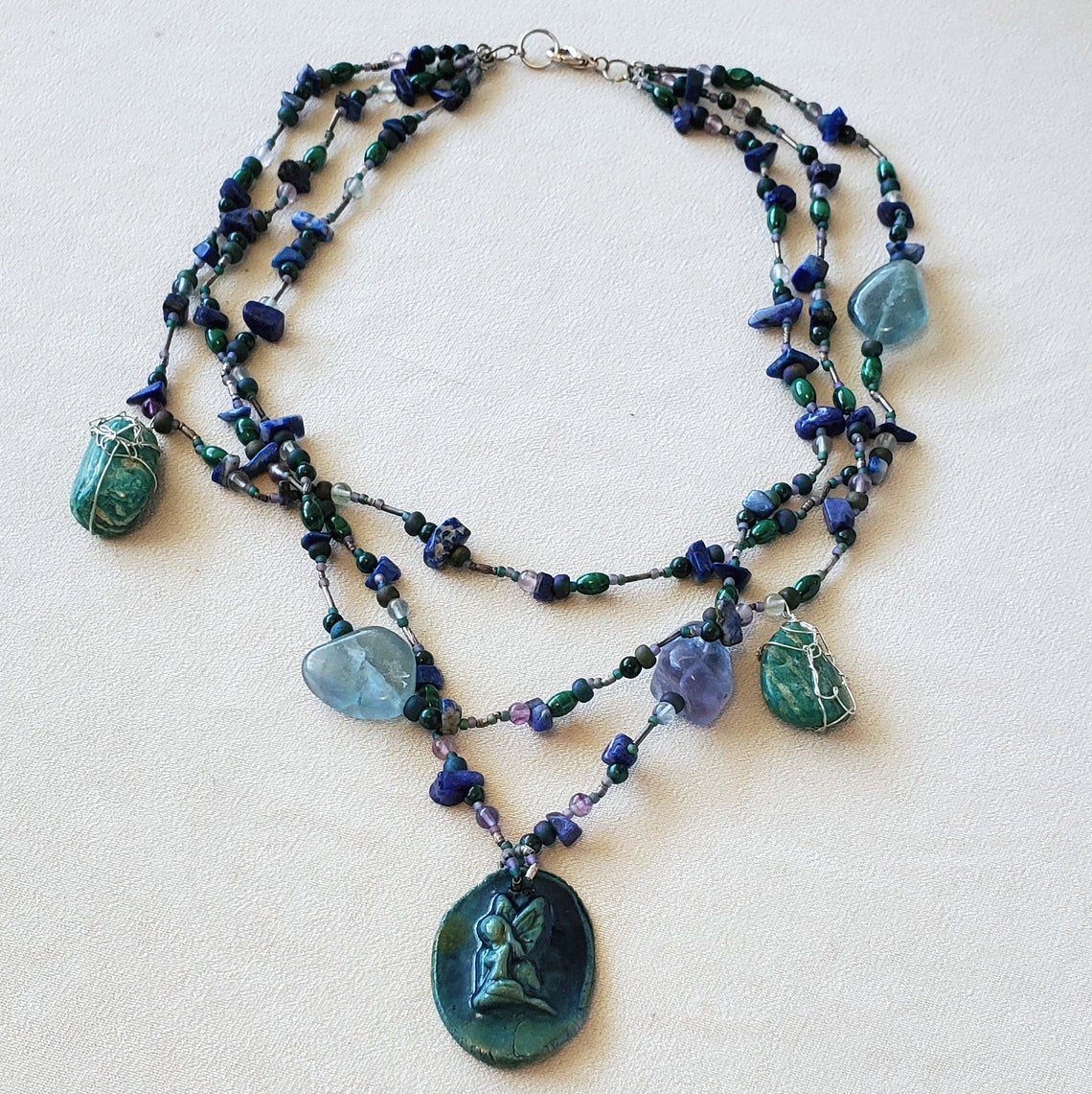 Statement Necklace With Mixed Gemstones and Fairy Pendant Etsy
