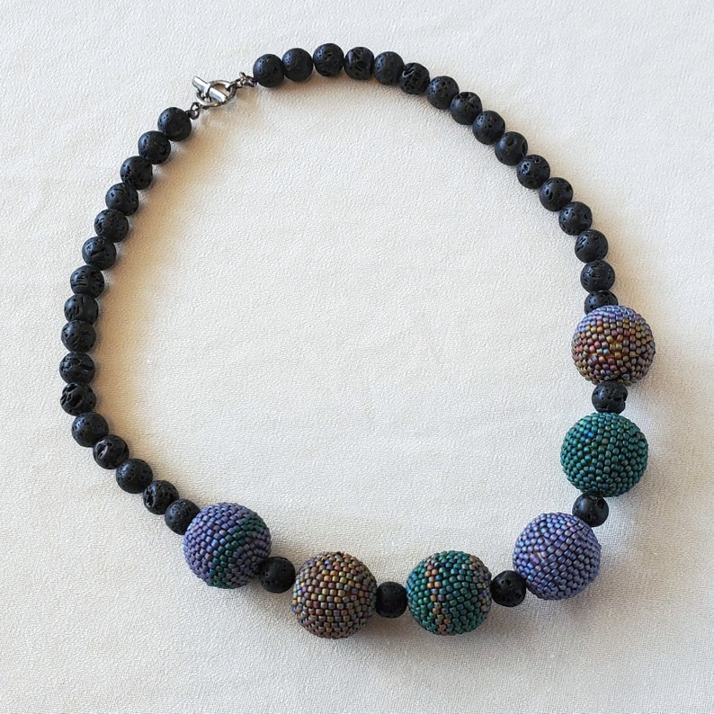 Beaded Beads and Lava Stone Necklace