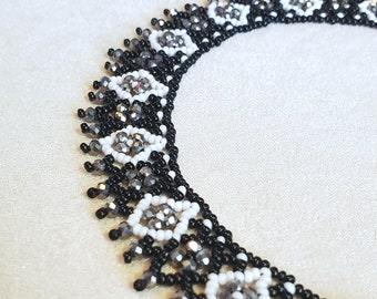 Black and White and Sparkly Silver Faceted Glass Netted Collar