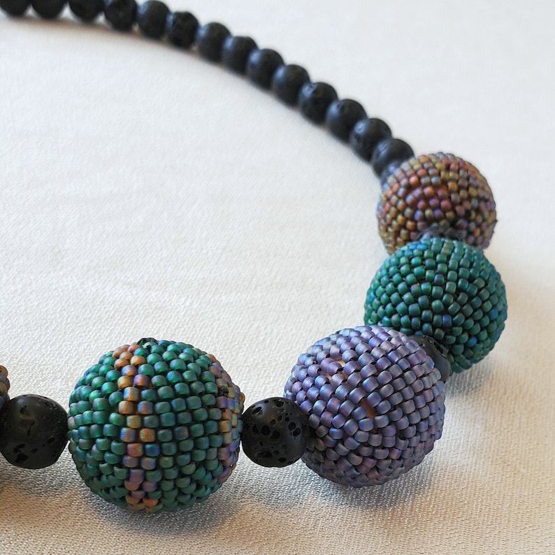 Beaded Beads and Lava Stone Necklace