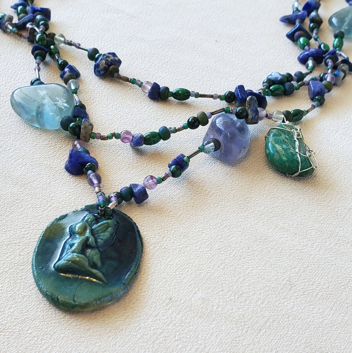Statement Necklace with Mixed Gemstones and Fairy Pendant Etsy