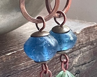 Handmade Boho Dangle Earrings: Oxidized Copper, Indonesian Glass, Sterling Silver
