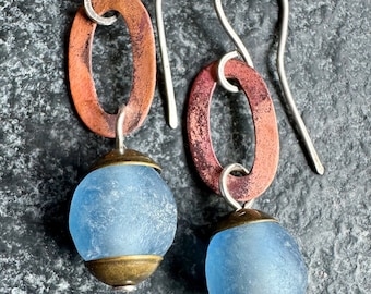 Handmade artisan boho earrings. Recycled blue glass, oxidized copper and sterling silver earrings