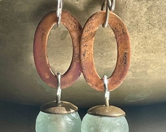 Handmade artisan boho dangle earrings. Recycled blue glass, copper and sterling silver earrings