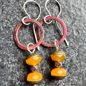 Handmade artisan boho yellow jade, silver and copper dangle earrings