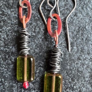 Handmade Boho Artisan Silver, Copper, Iron and Green Czech Glass Dangle Earrings