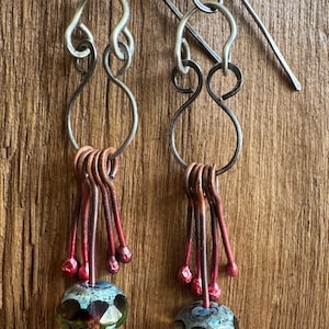 Unusual Handmade Boho Oxidised Silver, Copper and Blue Green Czech Glass Dangle Earrings