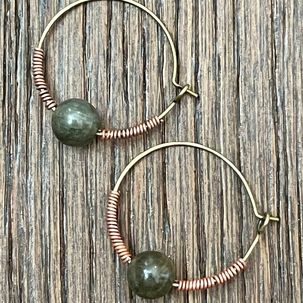 Handmade boho oxidised copper, brass and labradorite hoop earrings