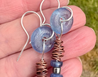 Handmade silver, blue glass, kyanite and copper earrings