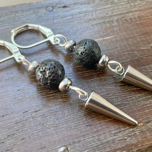 Handmade lava, steel spike and silver earrings