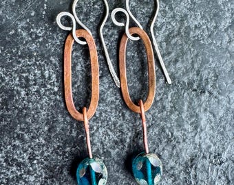 Boho artisan handmade silver, oxidised copper and green glass dangle earrings