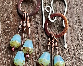Handmade artisan boho oxidised copper, sterling silver and Czech glass dangle earrings