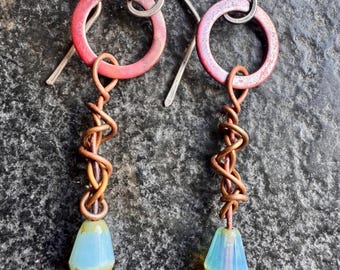 Handmade Oxidized Copper Dangle Earrings: Boho Blue Glass, Sterling Silver