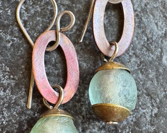 Handmade artisan boho earrings. Recycled blue glass, oxidized copper and sterling silver earrings