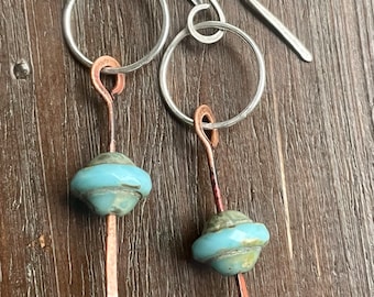 Handmade Artisan Silver, Copper and Czech Glass Dangle Earrings