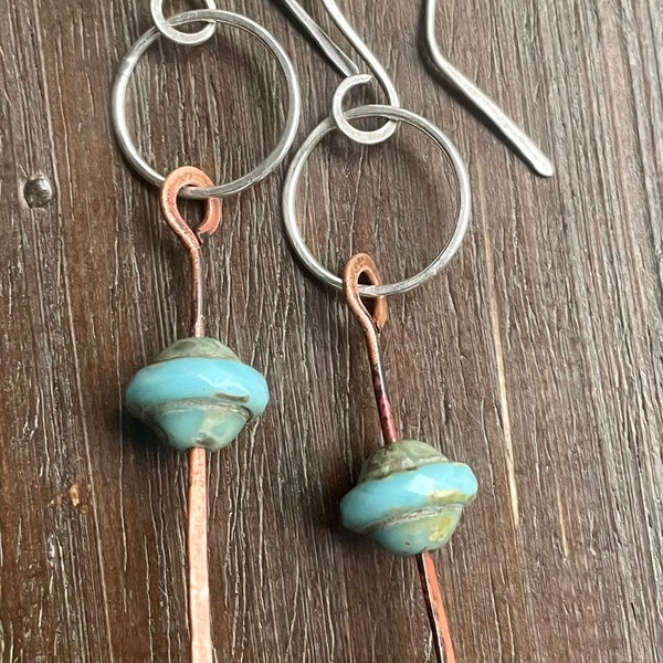 Handmade Artisan Silver, Copper and Czech Glass Dangle Earrings