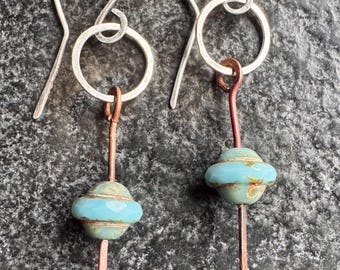 Handmade Artisan Silver, Copper and Czech Glass Dangle Earrings