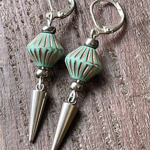 Handmade turquoise Czech glass and steel spike earrings