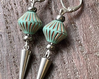 Handmade Czech glass and steel spike earrings