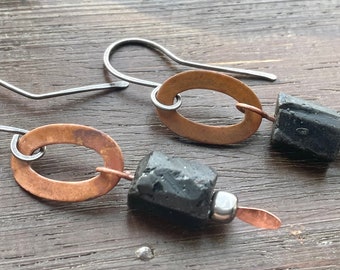 Handmade artisan boho silver, copper and black tourmaline dangle earrings. Oxidised recycled sterling silver ear wires